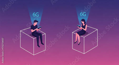 Two stylized figures, a man and a woman, sit in geometric cubes, each focused on a tablet. EPS Vector