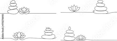 Set of Stones and Lotus flower one continuous line art, Vector illustration, One line art, Line art graphic style