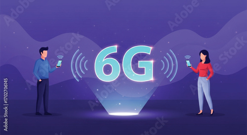 Two stylized figures, a man and a woman, hold smartphones, interacting with a vibrant, projected 6G logo in the center. EPS Vector