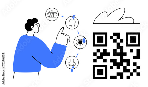 Person gestures toward sensory icons touch, sight, smell, taste, hearing linked with human senses, and a QR code nearby. Ideal for innovation, technology, education healthcare accessibility human