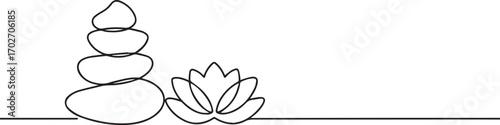 Stones and Lotus flower one continuous line art, Vector illustration, One line art, Line art graphic style