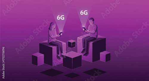 Two stylized figures, a woman and a man, are seated on abstract, elevated cubes. EPS Vector