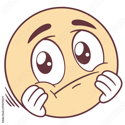 Vector art of cartoon emoji face looking worried and scared, holding hands to mouth