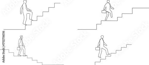 Set of people on stairs going up one continuous line art, Vector illustration, One line art, Line art graphic style