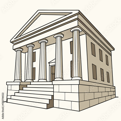 Illustration of a classical building with columns and a pediment, representing government or finance