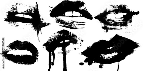 Black ink silhouette of kiss marks set for urban grunge art and design