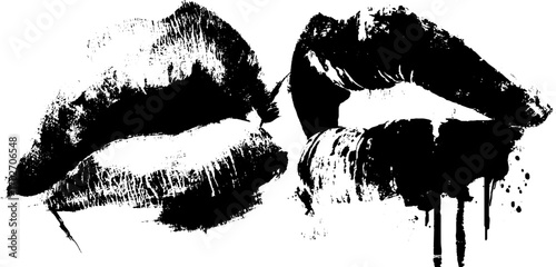 Black ink silhouette of lips with kiss mark in grunge style for urban decor