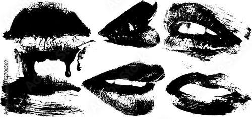 Black ink silhouette set of open and closed lips with artistic drip accents