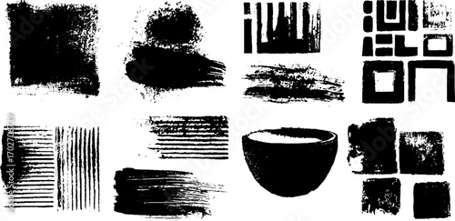 Abstract black ink silhouette collection with magazine column motifs for creative designs