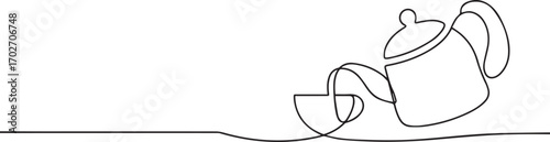 Teapot pouring tea on cup one continuous line art, Vector illustration, One line art, Line art graphic style