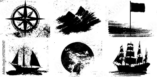 Black ink silhouettes of nautical and navigation elements with grunge texture