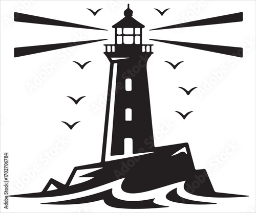 Lighthouse silhouette with beams of light and birds, navigation and guidance icon