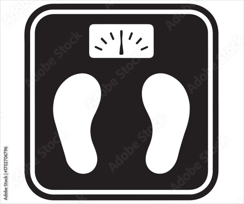 Black silhouette of weighing scale with footprints isolated on white background, vector illustration symbolizing weight, health, fitness, measurement, obesity, diet, lifestyle, wellness, balance, and 