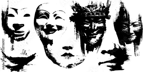 Black ink silhouette set of theatre masks with artistic grunge design