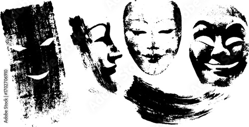 Dramatic silhouette of theatrical masks with grunge ink texture for creative design