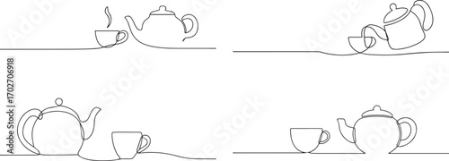Set of Teapot pouring tea on cup one continuous line art, Vector illustration, One line art, Line art graphic style