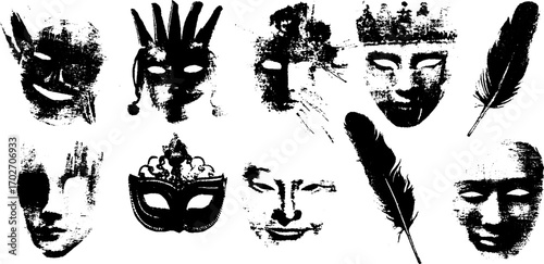 Black ink silhouette set of masquerade masks with feather elements for costume design