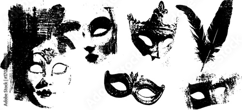 Black ink silhouette collection of masquerade masks with feather design