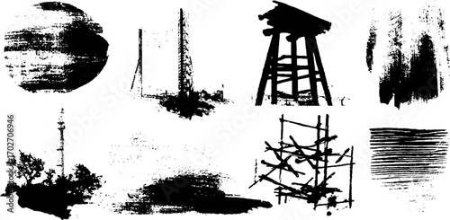 Industrial ink silhouette collection of metal structures and textured elements