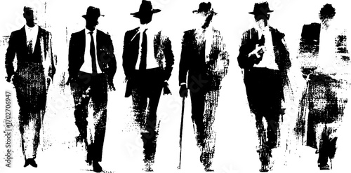 Vintage men's fashion silhouettes in black ink for retro design and art