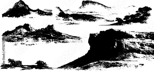 Black ink silhouette set of mountain landscapes for artistic display and design projects