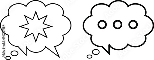Vector art of two thought bubbles, one with an explosion symbol and the other with ellipses