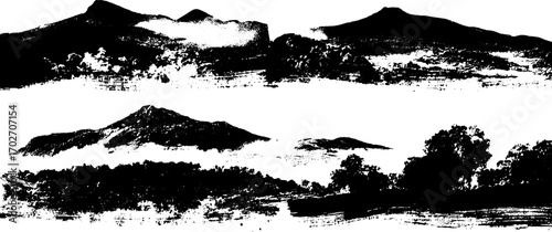 Black ink silhouette of mountain landscapes for nature art and design