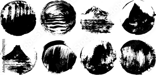 Black ink mountain silhouette set with artistic grunge textures for creative design