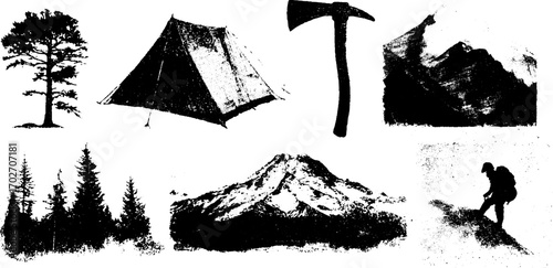 Adventure concept with mountain symbols set in black ink silhouettes for outdoor designs