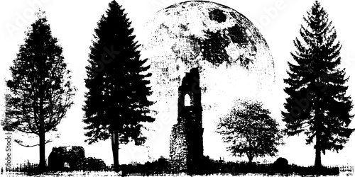 Black ink silhouette of mystical landscapes with trees and ruins against full moon