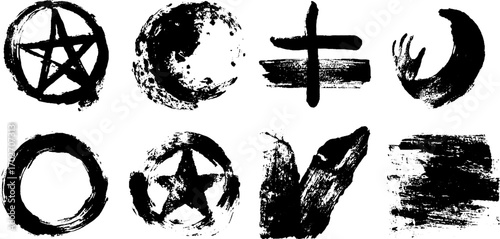 Mystical symbols in black ink silhouettes featuring pentagrams and abstract designs