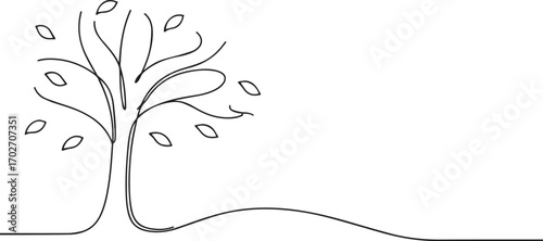 Tree with falling leaves one continuous line art, Vector illustration, One line art, Line art graphic style