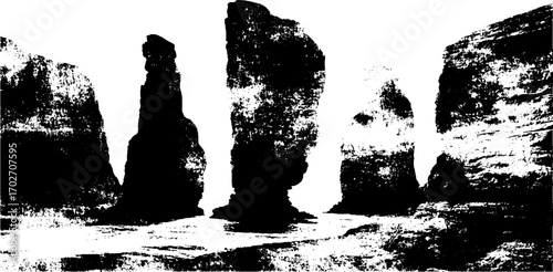 Dramatic black ink silhouette of majestic canyon rocks for nature-inspired designs