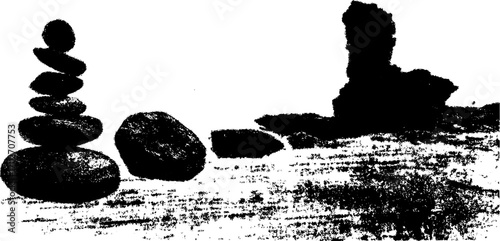 Black ink silhouette of coastal sand dunes and rock formations