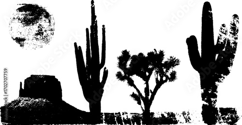 Silhouette set of desert nature elements with cacti and dunes for design