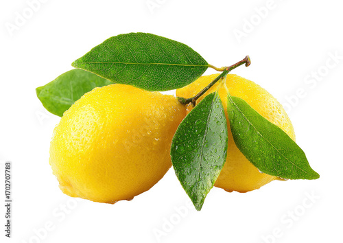 Two bright yellow lemons with fresh green leaves, glistening with water droplets, isolated against a black background