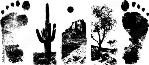 Black ink silhouette of desert dunes and nature elements with cactus and tree