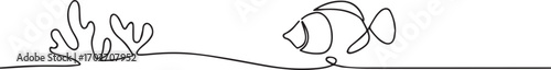 underwater fish and coral reefs one continuous line art, Vector illustration, One line art, Line art graphic style