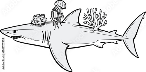 Ocean's Symbiosis Shark with Jellyfish, Coral, and Sponge