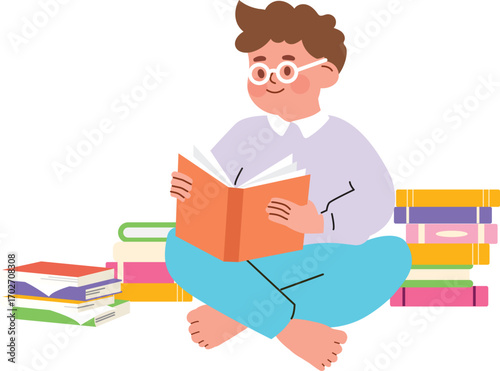 flat illustration of boy reading books