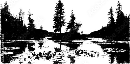 Tranquil lake scene with black ink silhouette of trees and water lilies