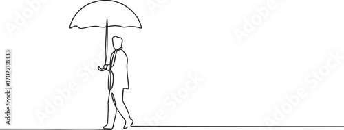 Man with umbrella walking one continuous line art, Vector illustration, One line art, Line art graphic style