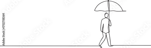 Man with umbrella walking one continuous line art, Vector illustration, One line art, Line art graphic style