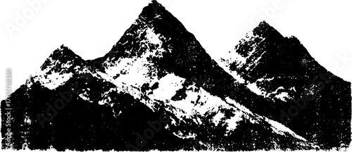Black ink silhouette of mountain peaks in nature for graphic design