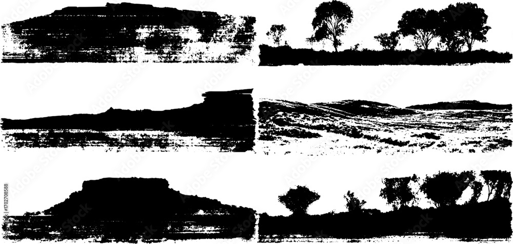 Obraz premium Black ink silhouette set depicting nature scenes of plateaus and plains