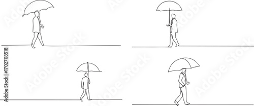 Set of Man with umbrella walking one continuous line art, Vector illustration, One line art, Line art graphic style