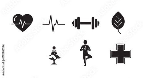 Icons of Health and Wellness: An array of stylized icons representing key elements of a balanced, healthy lifestyle