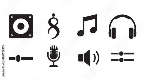 Audio Icon Set: A collection of stylized icons representing essential elements of sound, including speakers, a musical note, headphones, sliders, a microphone, and a volume control.