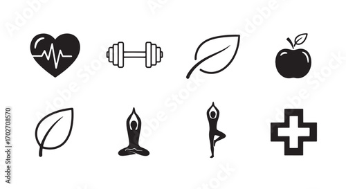 Iconic Wellness Elements: A collection of minimalist icons representing key components of a healthy lifestyle, embodying vitality and balance in a sleek, graphic aesthetic.