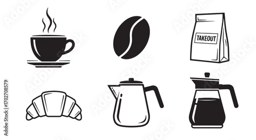 Coffee Delights: A curated assortment of coffee-related icons, including a steaming cup, a coffee bean, a takeout bag, a croissant, a coffee pot, and a glass coffee maker.